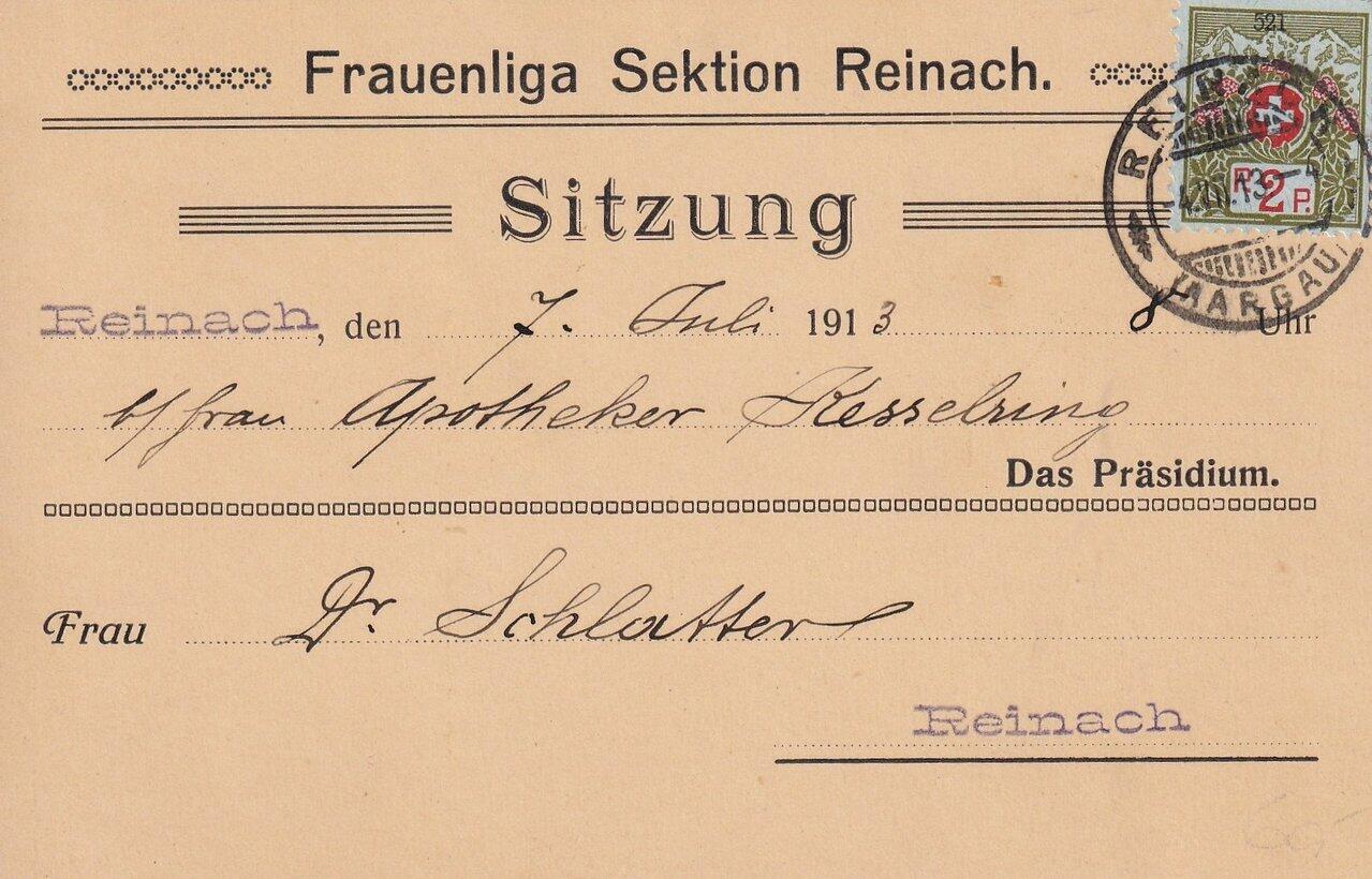 1913 (04.07.) Reinach AG, 2 Rp. Drucksche mit 2 Rp. ...