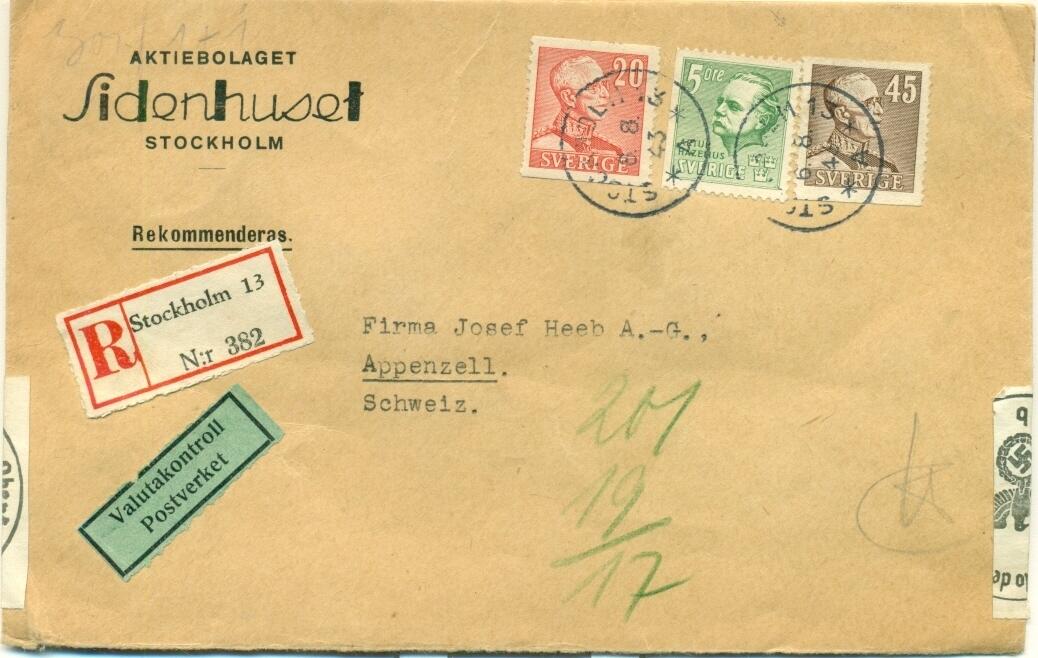 1943 (06.08.) Stockholm, Schweden, 70 Öre R-Brief nach Appenzell, ...