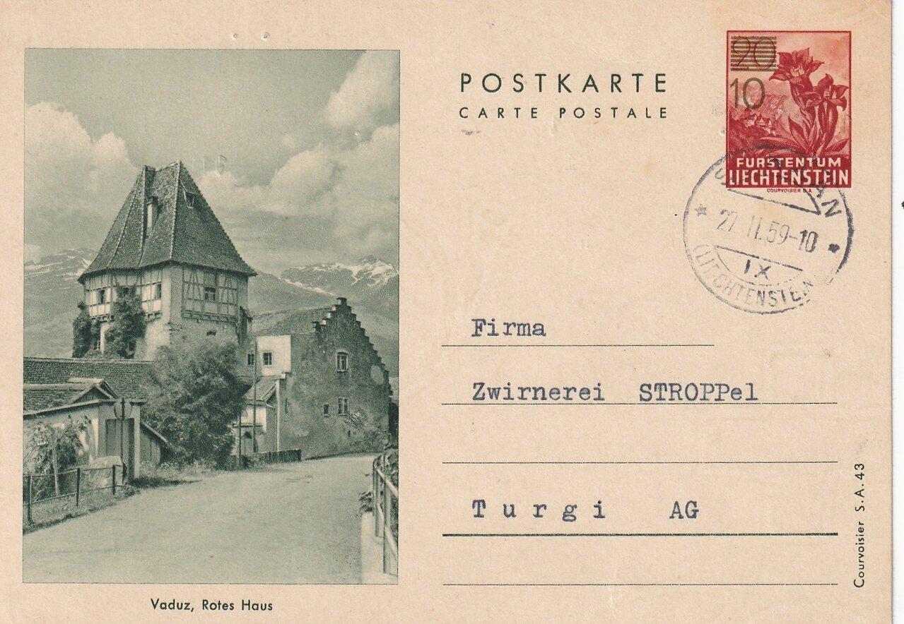 1959 (22.02.) Schaan, Liechtenstein, Bildpostkarte Überdruck nach ...