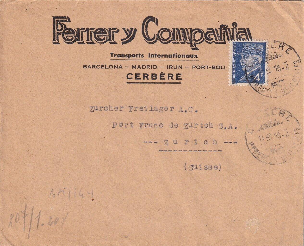 1943 (16.04.) Cerbère, Frankreich, Zensur-Brief nach Zürich, ...