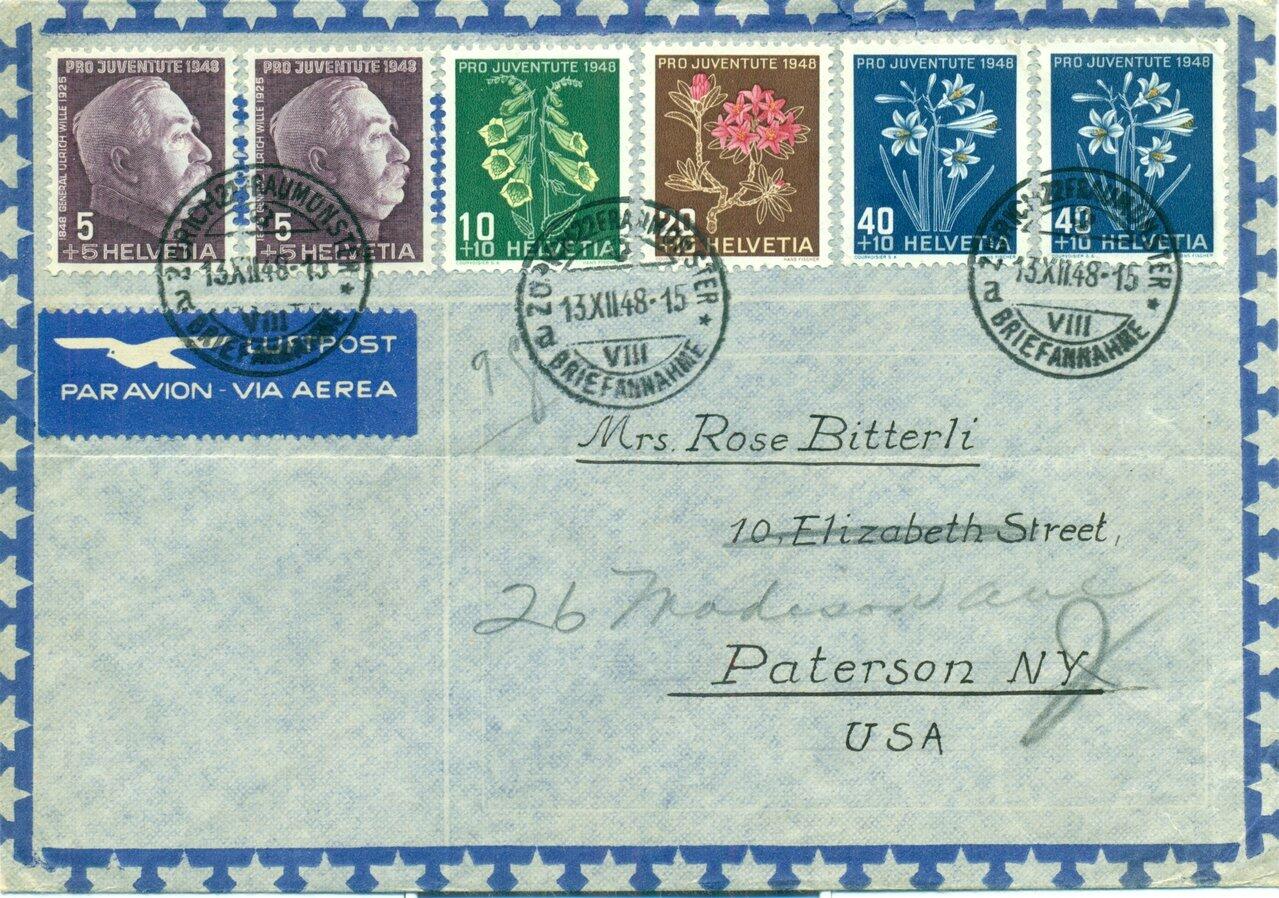 1948 (13.12.) Zürich, Pro Juventute Luftpostbrief nach USA, Paterson ...