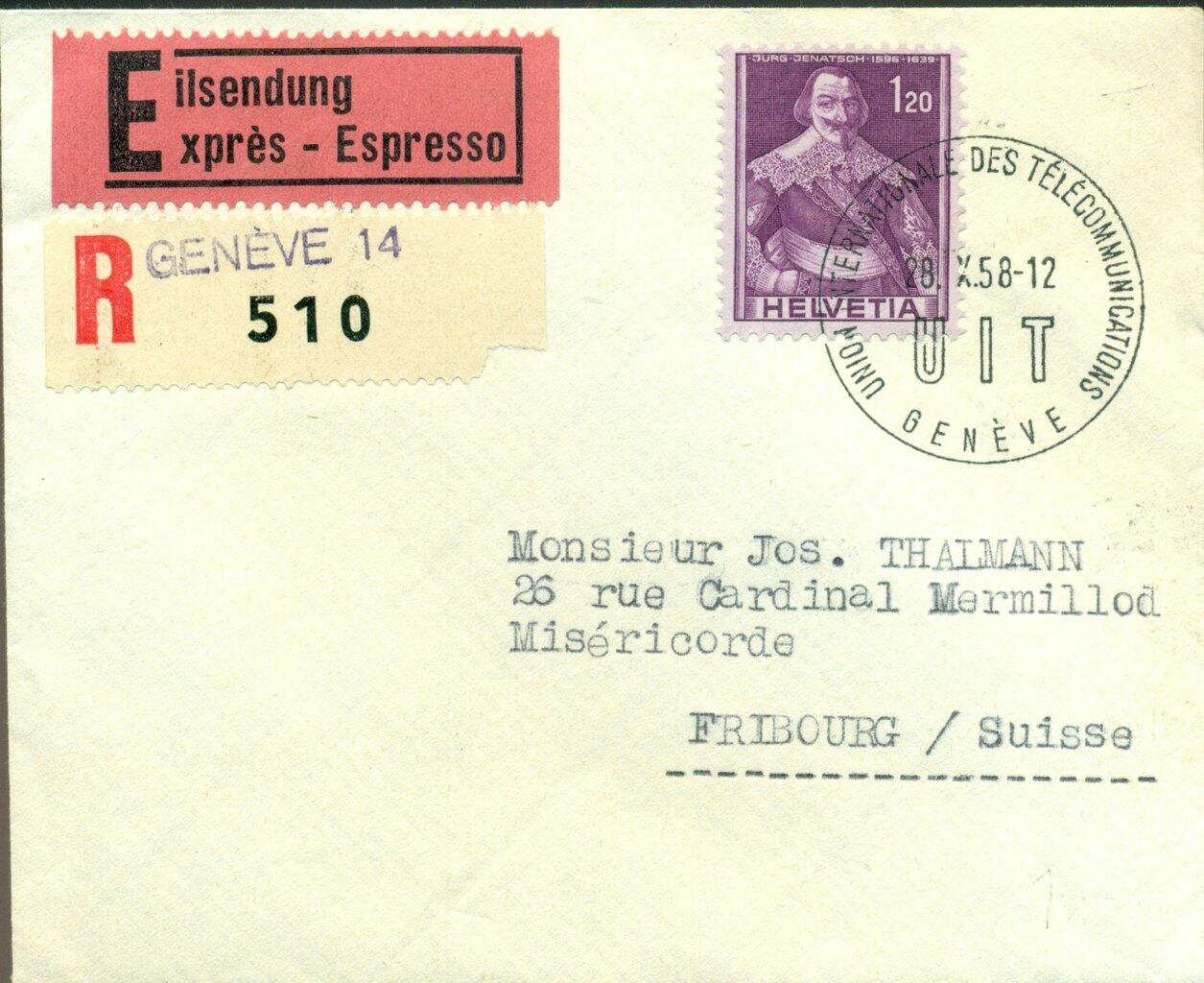 1958 (28.10.) Geneve, Sonderstempel UIT (S.473), auf Express-R-Brief ...
