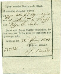 1807 (22.08.) Glarus, Quittungs-Formular: dem ordinari Boten nach ...