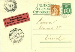 1927 (10.1.) Zürich 3, Bahnhof, Rohrpost, 70 Rp. Express-Postkarte ...