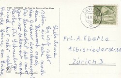 1960 (06.05.) Savigny, Ansichtskarte 'La Tour de Gourze et les Alpes' ...