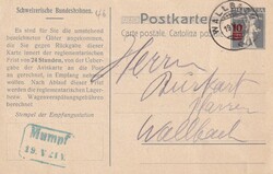 1921 (19.05.) Wallbach, Abhol-Avis Bahnhof Mumpf auf Ganzsache der ...