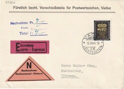 1945 (13.04.) Vaduz, Liechtenstein, 1 Fr. Express-Nachnahme nach ...