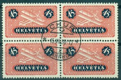 F8 z Luftpostmarke Viererblock gestempelt, mit Prüferzeichen, Chur ...