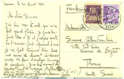 1934 (31.08.) Herisau 2, Bahnhof, 20 Rp. Auslandpostkarte nach Thonoy ...