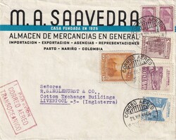 1946 (21.12.) Pasto Narino, Kolumbien Luftpostbrief nach Liverpool, ...