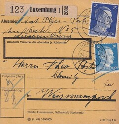 1943 (19.08.) Luxemburg 1, 45 Rpf. Paketkarte für ein Paket über 2 ...