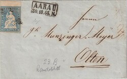 1855 (30.10.) Aarau, Faltbrief nach Olten. Strubel 23 B Randstück !