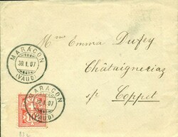 1907 (30.01.) Maracon, Vaud, 10 rp. Fernbrief nach Coppet. 10 Rp. ...