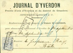 1883 (03.11.) Yverdon, 12 Rp. Nachnahme 'Journal d'Yverdon' nach ...