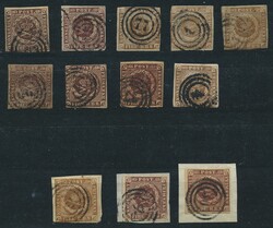 Dänemark, 1851, gestempelte Partie von 12 Stück der Mi.Nr. 1, davon ...