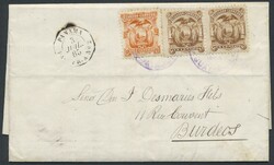 Ecuador, 1885, Freimarken 1 C. braun im waagerechtem Paar und 10 C. ...