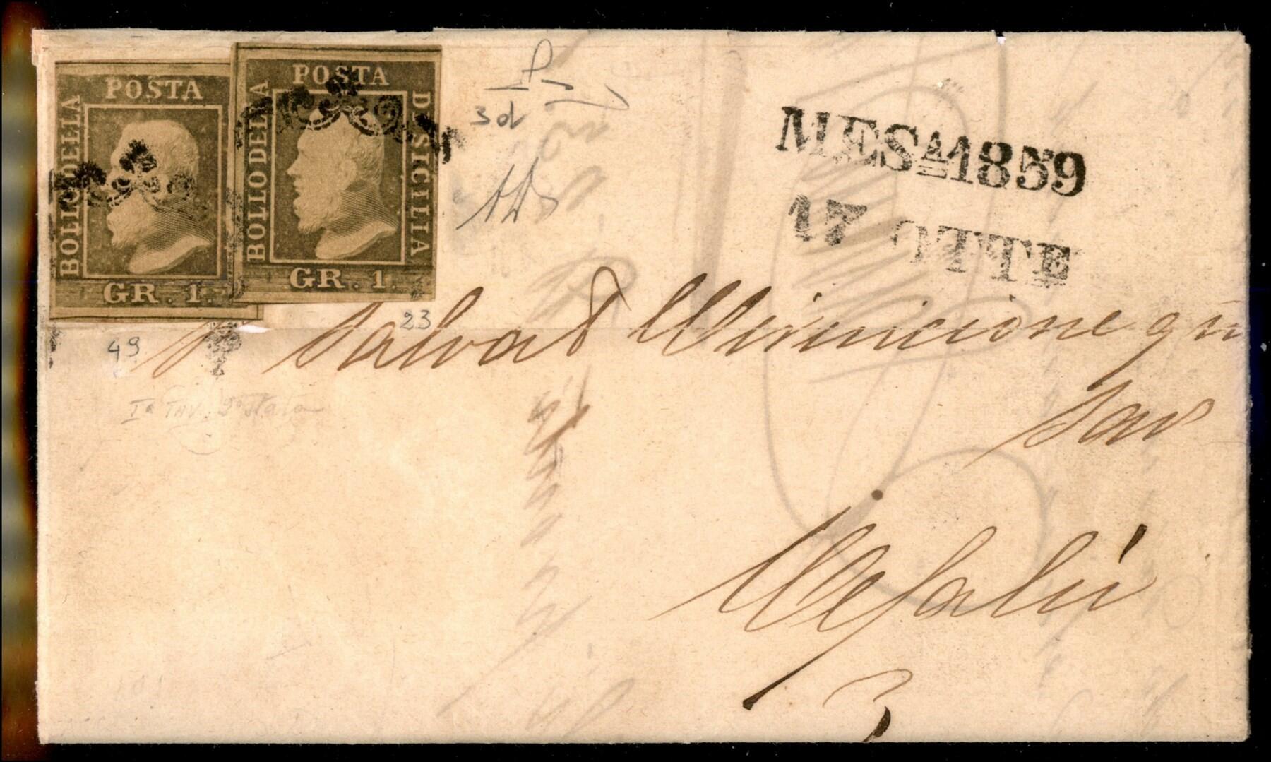 Lettera da Messina a Cefalù 17 ottobre 1859 affrancata con 2 ...