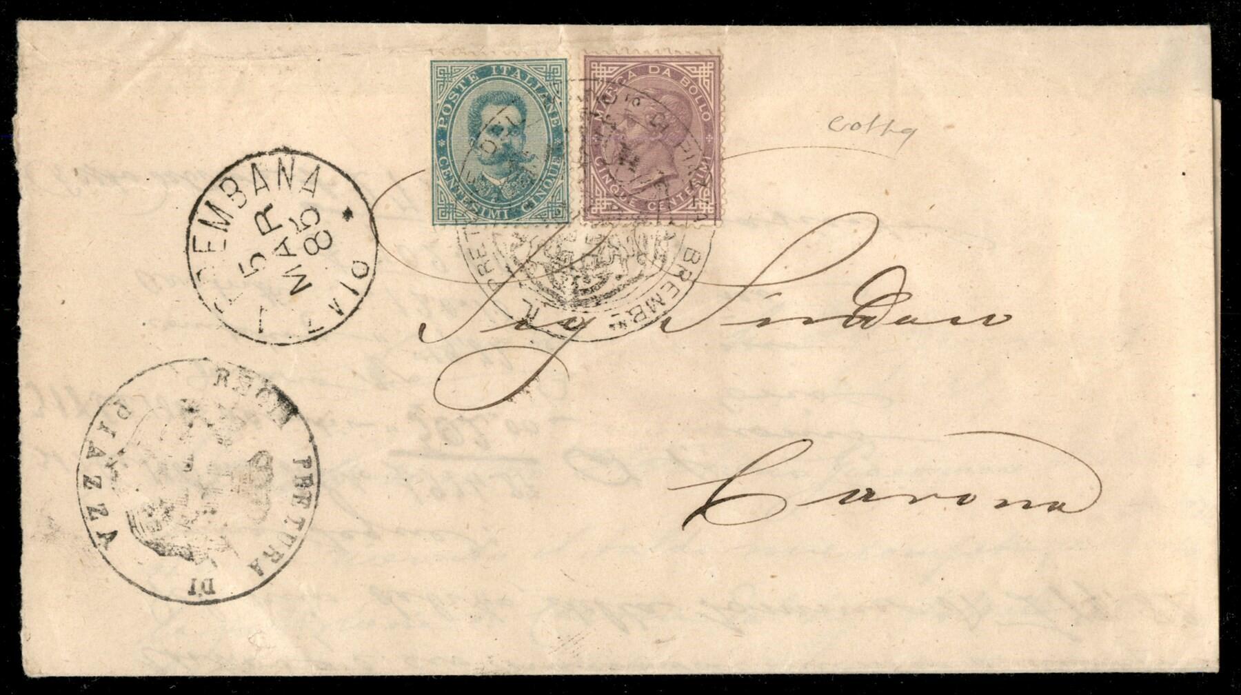 Due Re - Lettera affrancata con 5 cent Umberto (37) + 5 cent Marca da ...