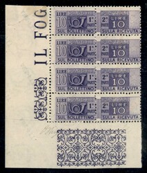 1949/1953 - Blocco di quattro angolo di foglio del 10 lire Pacchi ...