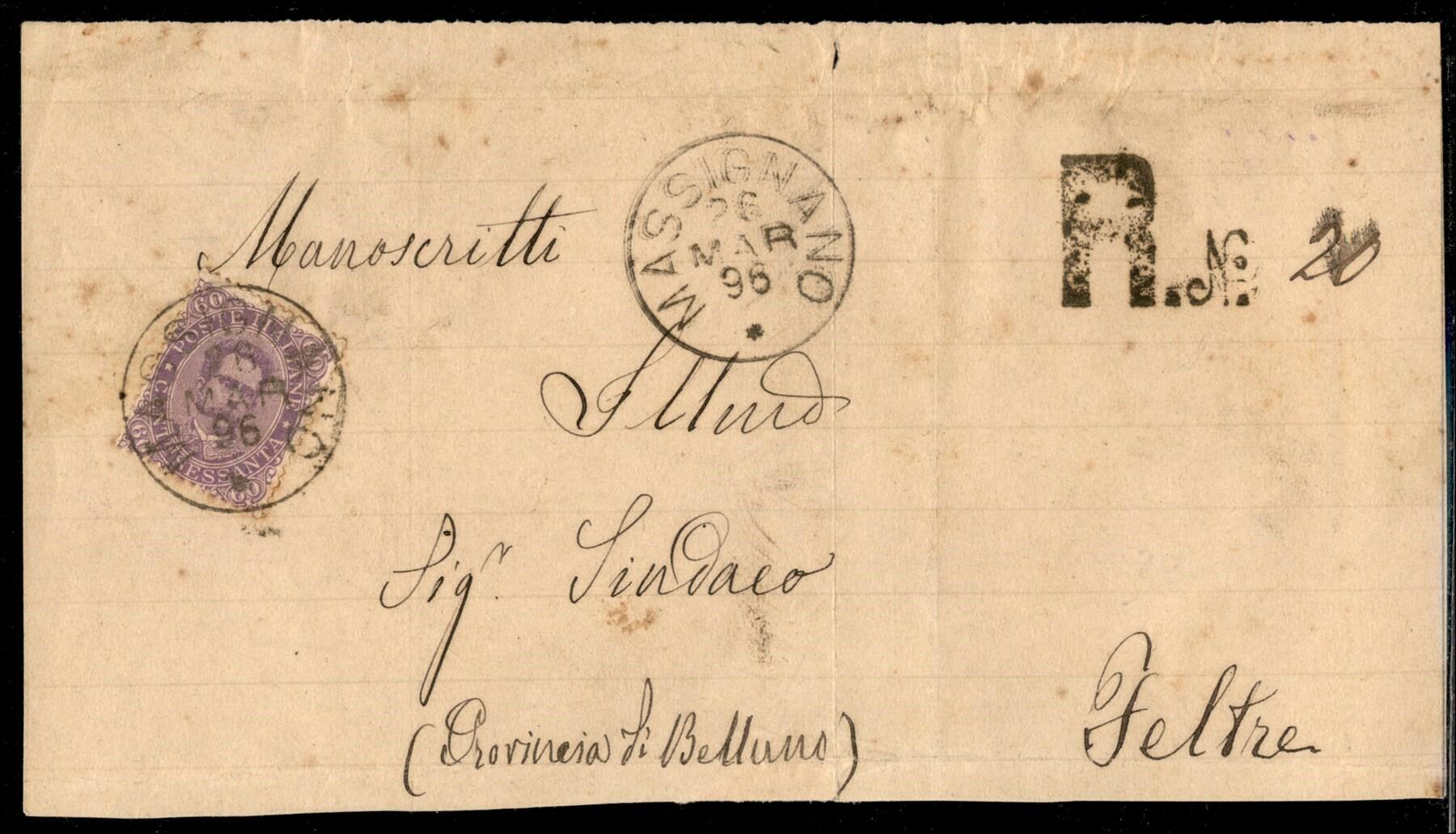 60 cent violetto (47) isolato su frontespizio di raccomandata da ...