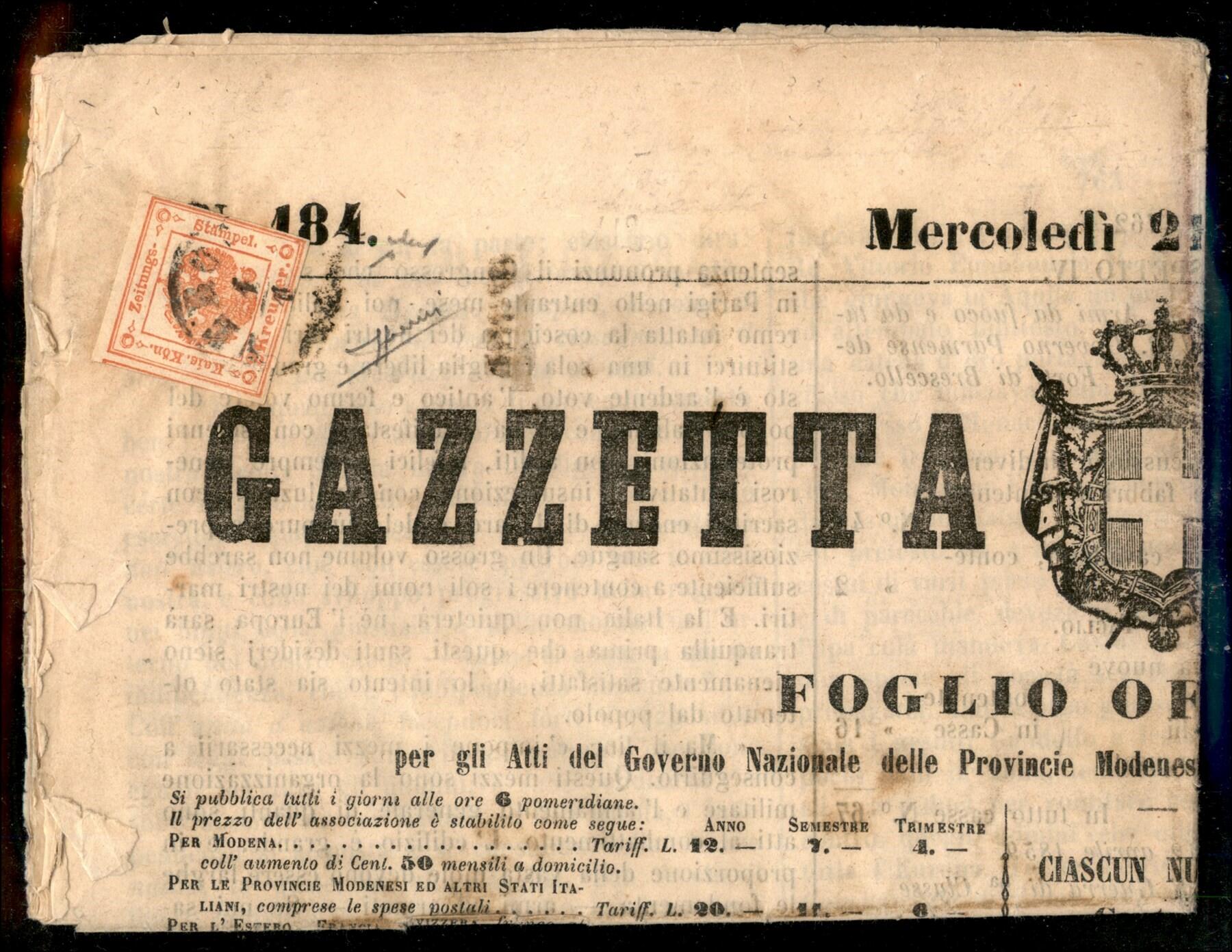 Giornale "GAZZETTA DI MODENA" del 21 dicembre 1859 con segnatasse k.2 ...