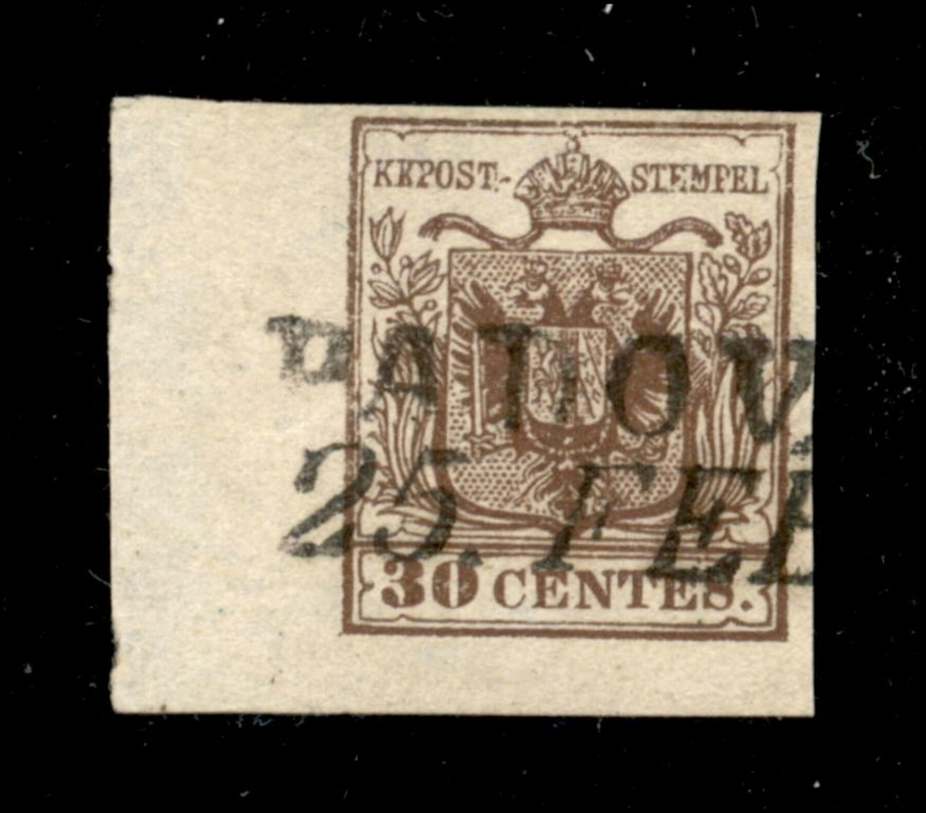 Cent. 30 bruno (7) I tipo usato con angolo di foglio, firma P.Vaccari ...