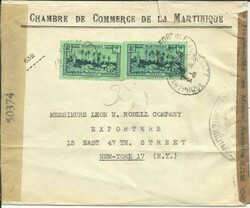 Martinique Sc#166(x2) Fort de France 30/8/1944 DUAL CENSORS to USA