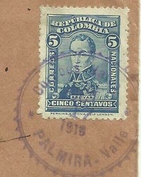 Colombia Sc#343(single frank) Palmira-Valle OCT/17/1919 to USA