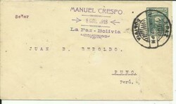 Bolivia Postal Envelope HG:B12 La Paz 8/JUN/18 to Peru, backstamped, ...