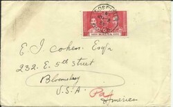 Malta SG#215(single frank)CORONATION ISSUE Cospicua JU/2/37 to USA