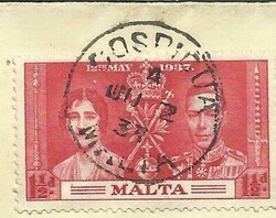 Malta SG#215(single frank)CORONATION ISSUE Cospicua JU/2/37 to USA