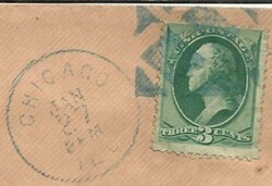 US CHICAGO BLUE Fancy Cancel, 3cent Banknote, with letter
