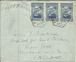 Mozambique Sc#C4(x3) Beira 11/7/45 AIRMAIL to England, opened rough