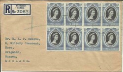 Gambia SG#170(block of 8) Bathurst 18/JY/53 Registered to England, ...