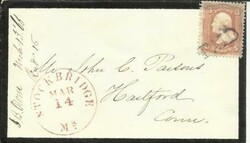 US Sc#65(single frank) PAID(straightline) Stockbridge Mass (RED) ...