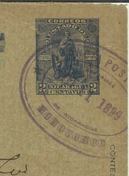 Nicaragua postalcard HG:44 MOMOTOMBO OCT/11/1899 oval cancel to Leon ...