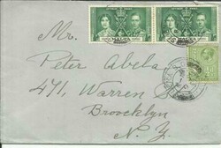 Malta CORONATION ISSUE SG#214(x2)#194 SLIEMA B.O. 9/JY/37 to USA