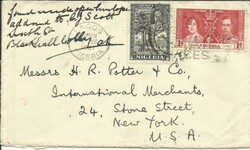 Nigeria SG#37,#46 LAGOS 1/DEC/1937 "Embossed Adv.Backflap" to USA