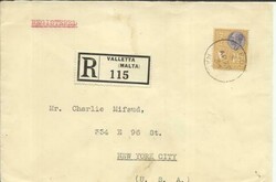 Malta SG#201(single frank) G.P.O. AP/28/36 Registered(label) to USA, ...