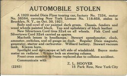 US AUTOMOBILE STOLEN-1920 DIXIE FLYER...-PRIVATE PRINTED POSTAL ...
