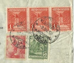 DUAL FRANKING Spanish Andorra Sc#46(strip of 3)#43 mixed ...