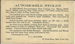 US Postal Card-Scx#UX27 "AUTOMOBILE STOLEN 1920 STUTZ TOURING CAR..." ...