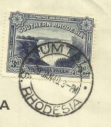 Southern Rhodesia SG#35b(single frank) UMTALI 29/JAN/40 PASSED BY ...