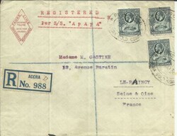 Gold Coast SG#106(x3) ACCRA 27/MAY/32 Registered(label) "SHIPS ...