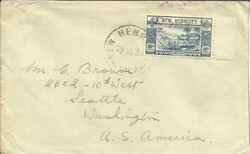 New Hebrides SG#57(single frank)-VILA 2/NO/38-to USA