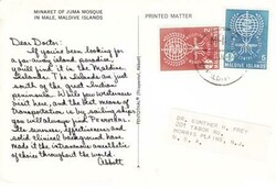 Maldive Islands SG#88,#90-MALE 8/JAN/1964-postcard view "Minaret of ...