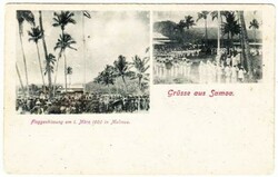 German SAMOA-postcard view FLAGGENHISSUNG AM 1.MARZ.1900 IN ...