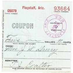 MONEY ORDER BUSINESS-RECEIPT-FLAGSTAFF ARIZONA-DEC/19/1912-redeemed ...