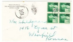 FAMOUS AMERICAN ISSUE-Sc#889(block of 4)-OXFORD KANS MAR/14/1941 to ...