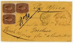 1857 ISSUE-RARE DESTINATION-Sc#30A-(L shape block of 3)MINOR INSECT ...